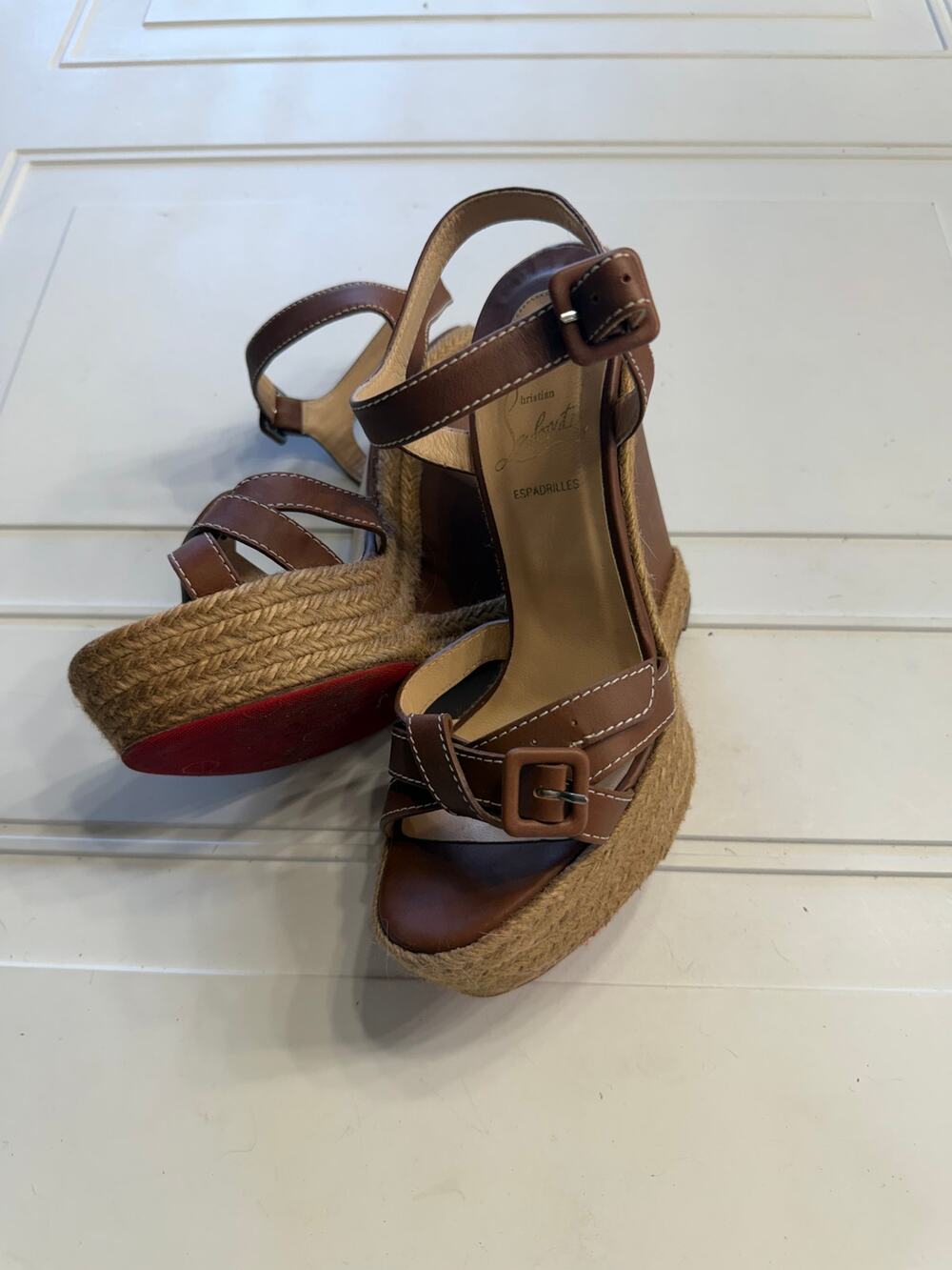 Christian Louboutin Womens Sz 38 Brown Leather Espadrille Zero Problem Wedges